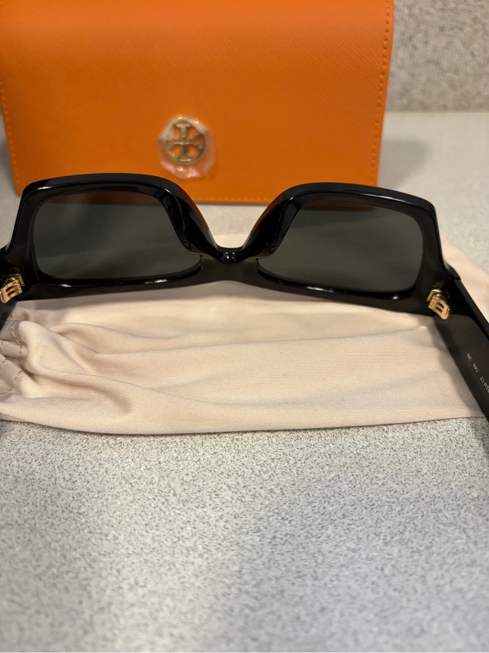 Tory Burch Black Square Sunglasses with Orange Logo Case